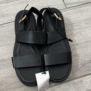 Zara Black platform Sandals with Gold Accents